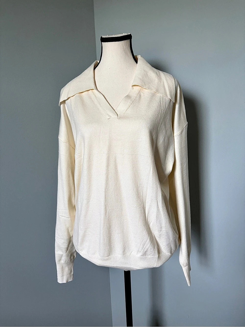🔥🆕🔥 PrinStory Beige Knit Sweater V Neck Collar Long Sleeve Ribbed Cuffs Size XL